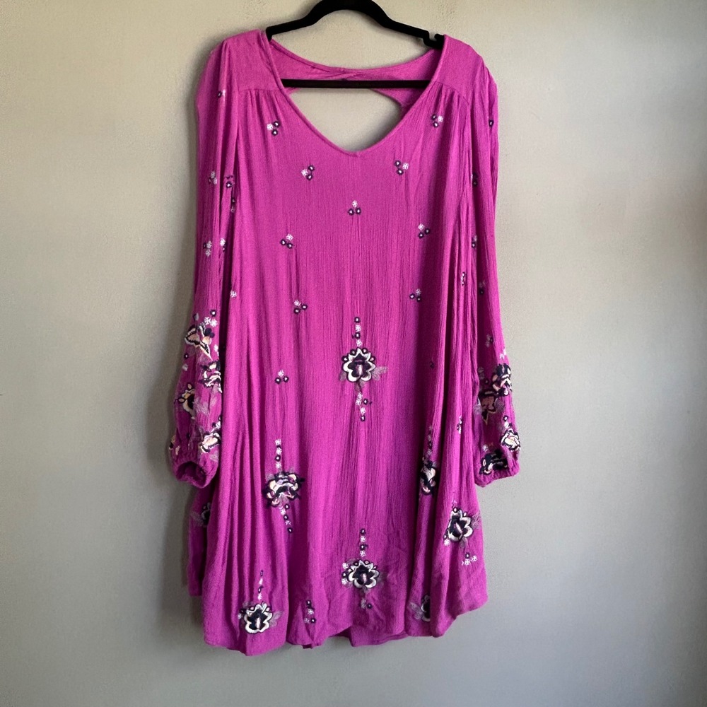 Free People Embroidered Mini Dress Magenta Purple Long Sleeve Open Back XS